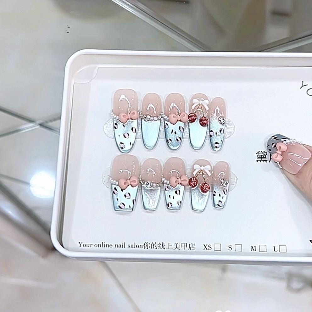 Hand-woven Armor Blue Cherry Three-dimensional Hand-painted Big Cherry Leopard Print Cat Eye Style Pure Temperament Manicure Sticker