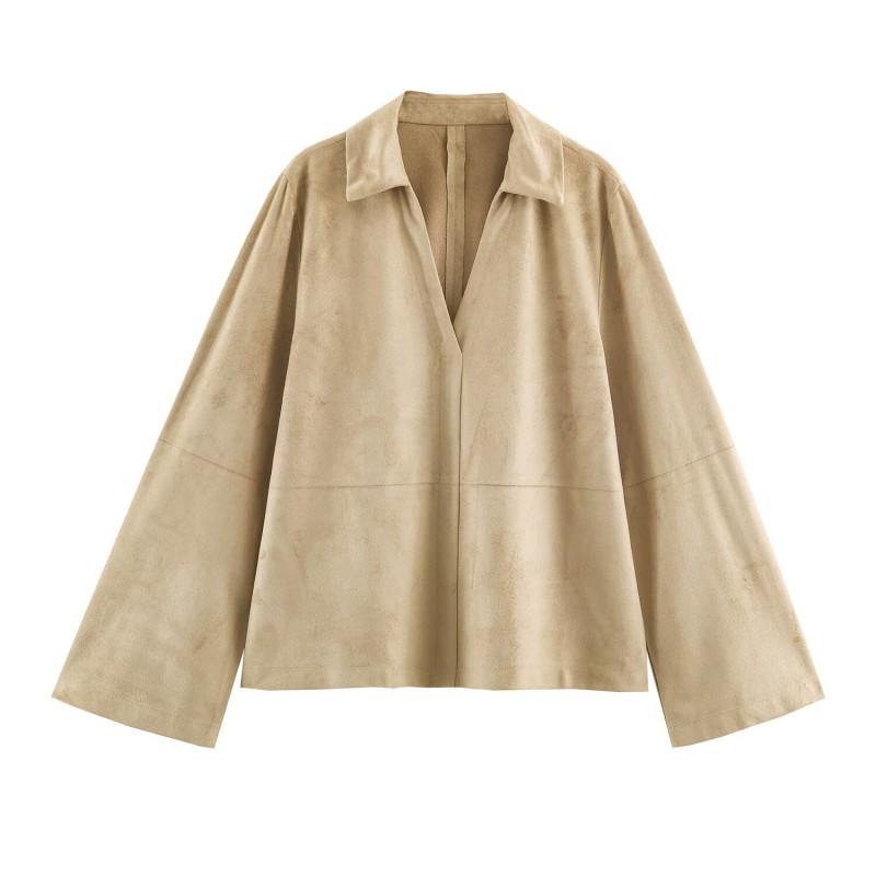 ZA Womens Faux Suede Polo Neck Long Sleeve Shirt Casual Solid Color Top