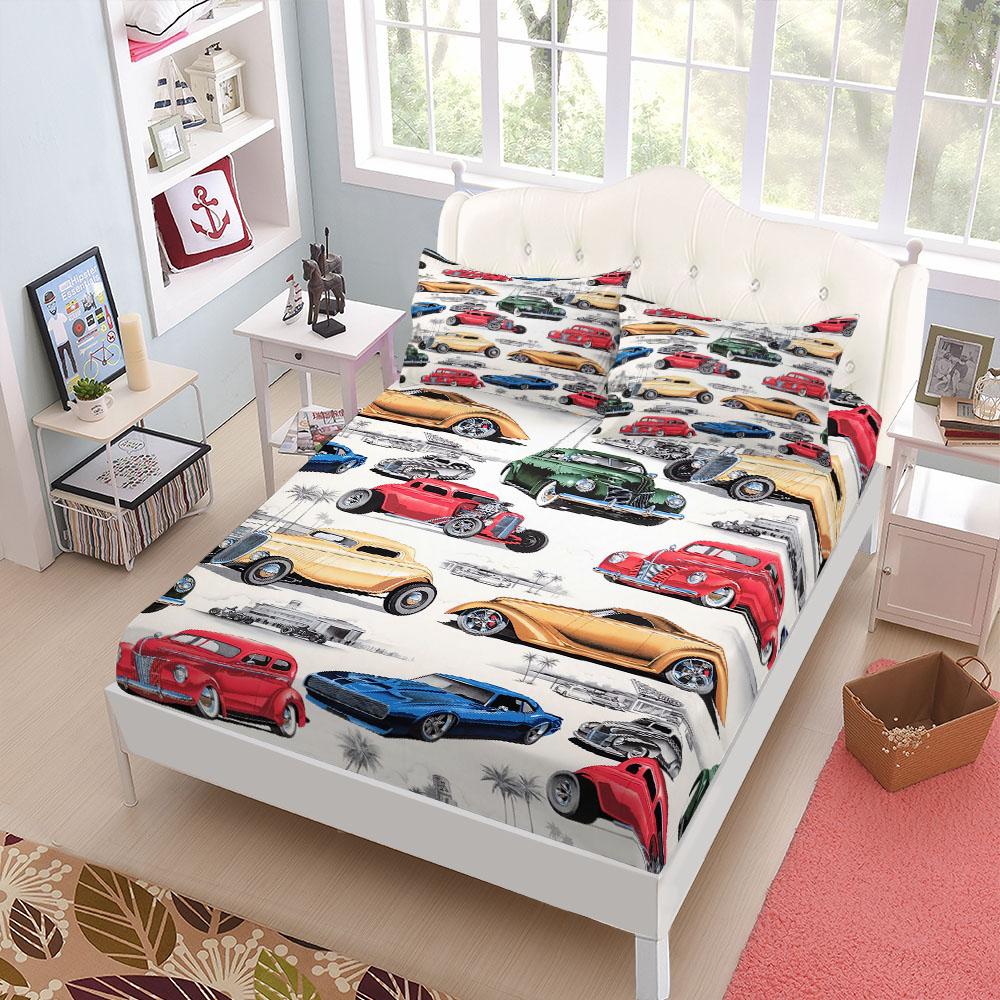 Retro Cars Fitted Sheet Set King Queen Double Full Size Bed Linen Set
