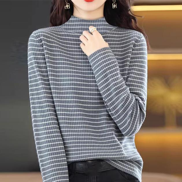 Striped Base Shirt with Top for Women Loose Outer Wear Autumn and Winter Half Turtleneck Double-sided Long Sleeves Fashionable Versatile T-shirt