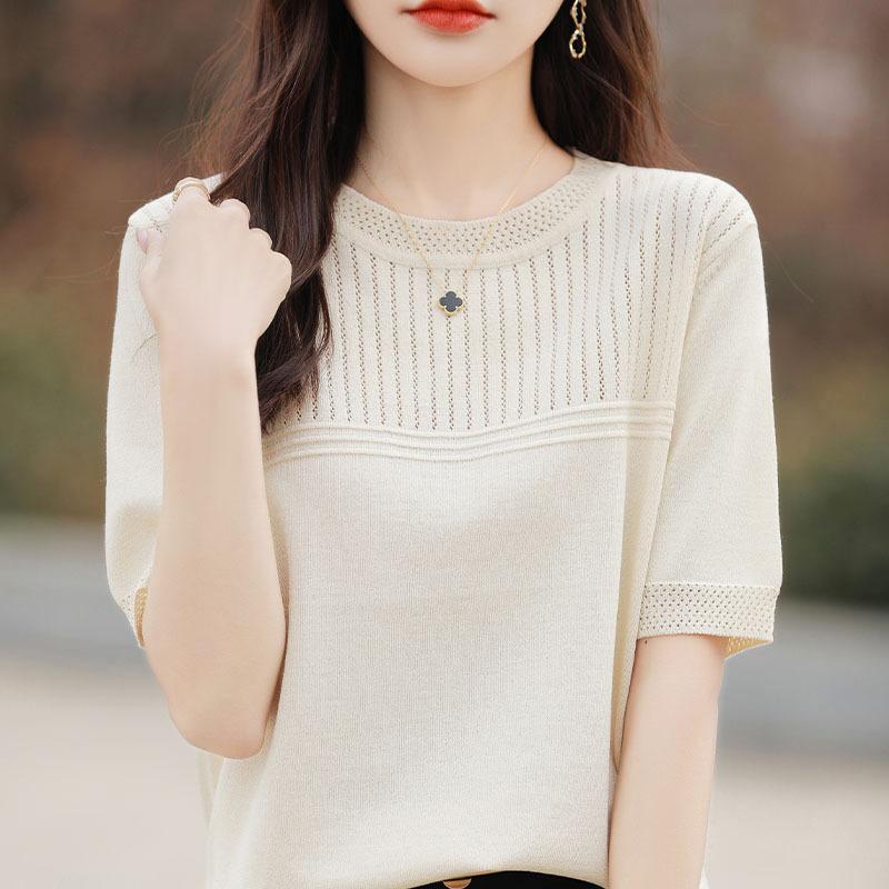 Women's Clothing Ice Silk Short Sleeve Women's Sweater T-shirt Women's Round Neck Thin Korean Style