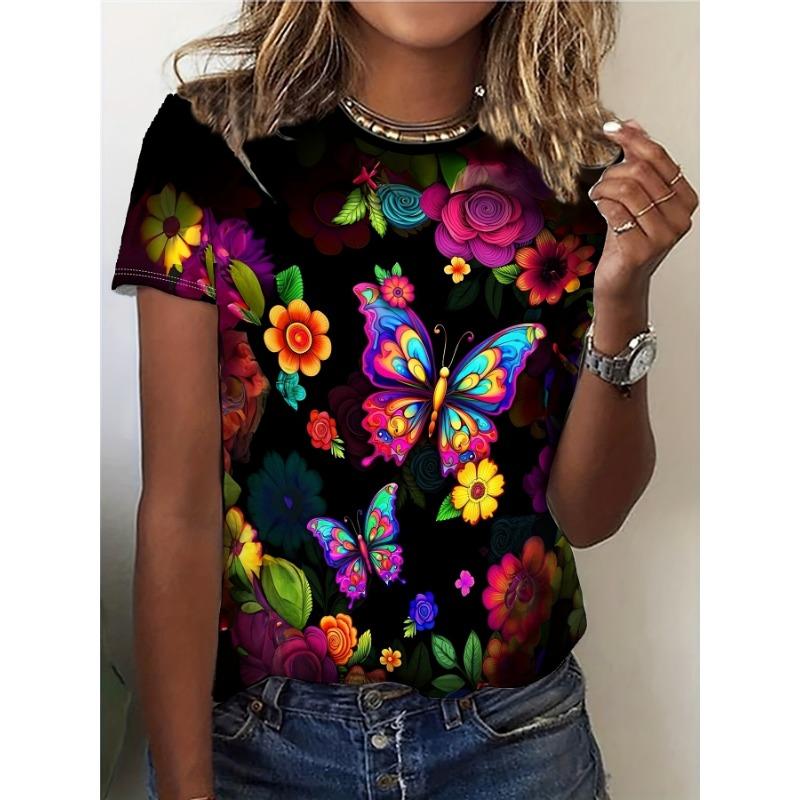 

Vitality Butterfly Flower Printed Round Neck Short Sleeve T-shirt - Casual and Comfortable Essential for Spring, Summer, and Autumn XL