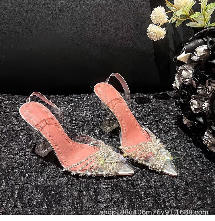 [Spot] Pointed Transparent High Heels Women's 2025 New Pointed Thin Heels Beautiful Fairy Rhinestone High Heels Sandals