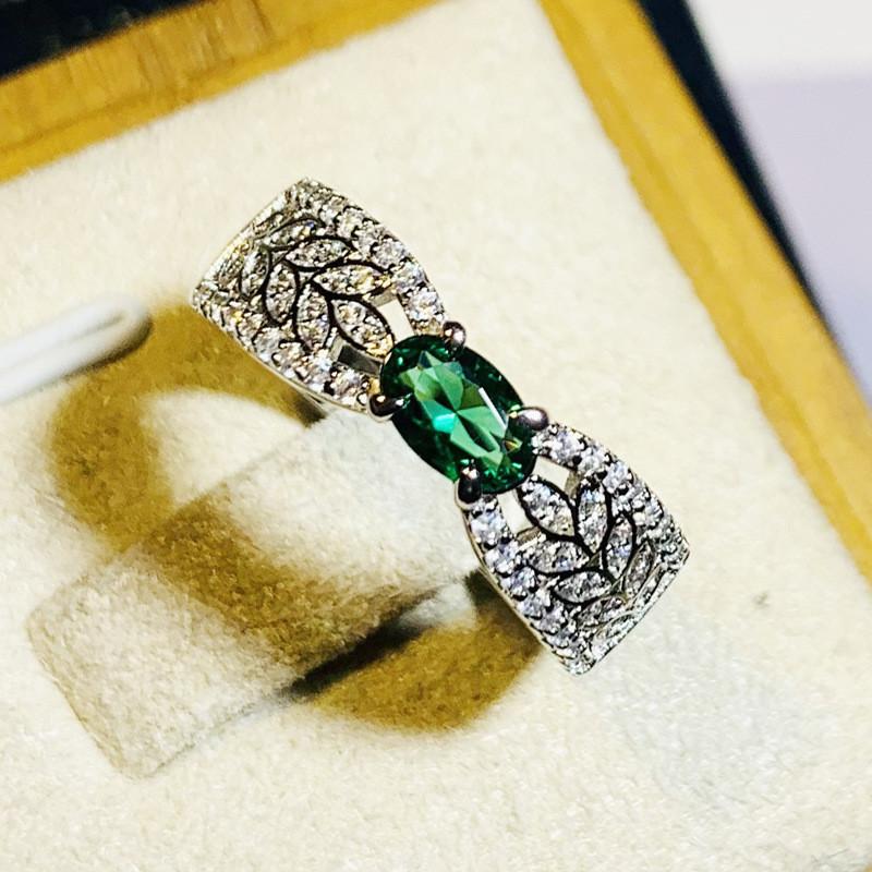 Sterling  Leaf Band Oval Green Cubic Zirconia Wedding Rings for Women New Exquisite Finger Accessories Fashion Jewelry
