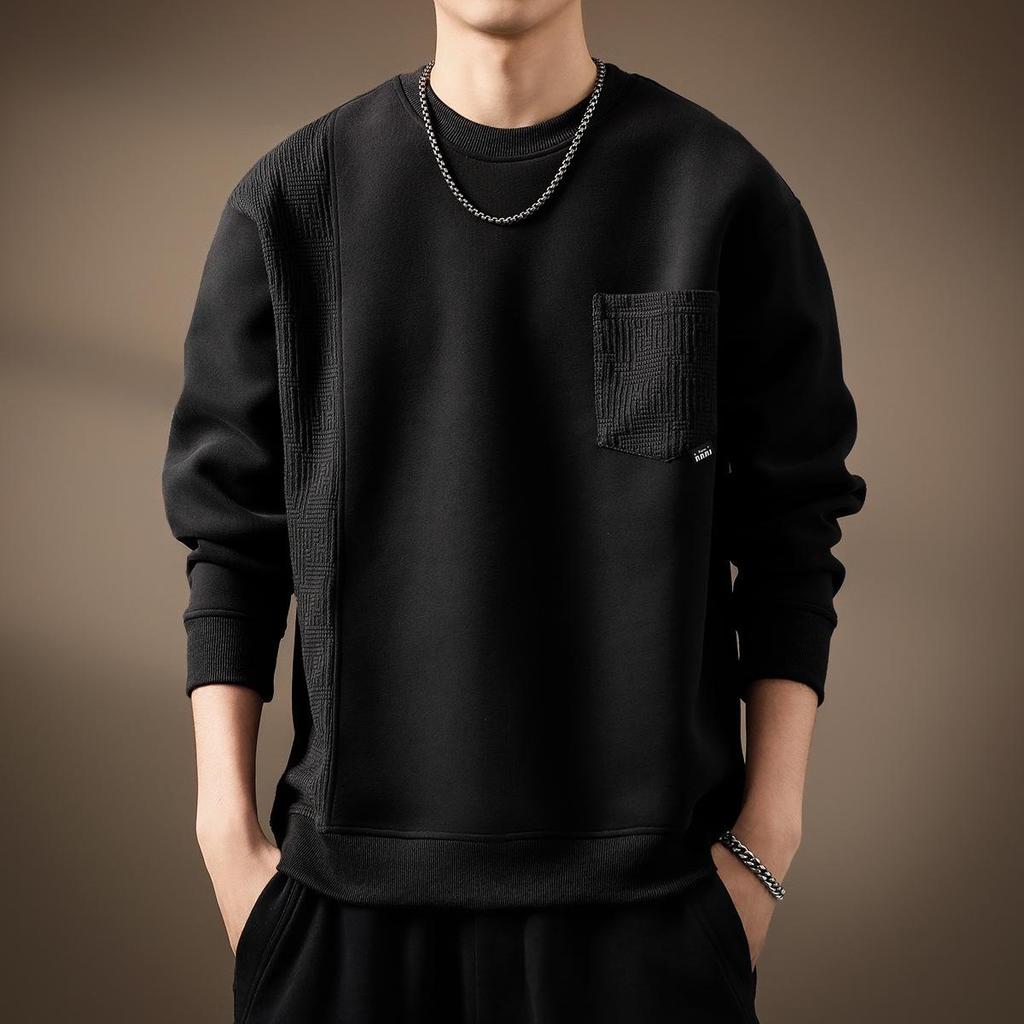 Men's 420g Heavyweight Patchwork Hoodie: Autumn Loose Fit, Plus Size Round Neck Base Layer, American Style.