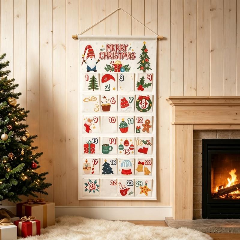 Hanging Christmas Advent Calendar with 24 Fillable Compartments, Fabric Wall Advent Ornament for Daily Surprises Across Homes or Classrooms