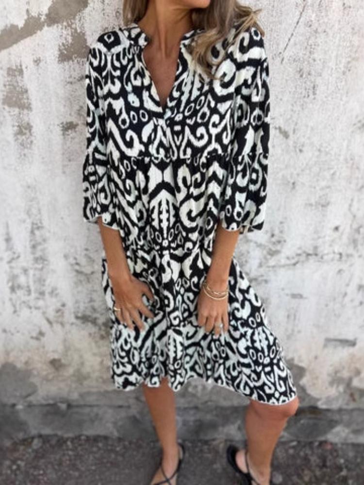 

Women s Floral Print V-Neck Loose Fit Midi Dress with 3/4 Sleeves 5XL чорний