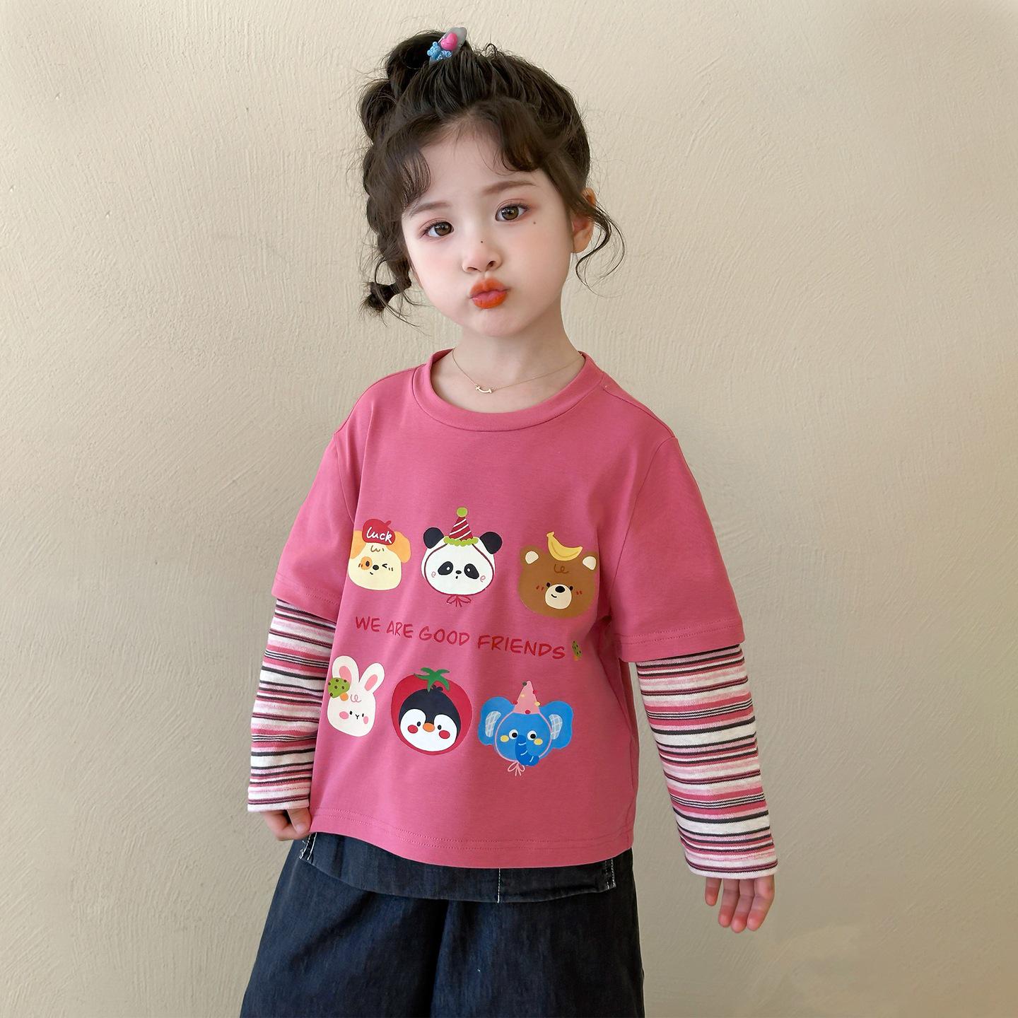 

2025 Girls Spring & Autumn Long-Sleeve Fake Two-Piece T-Shirt 120 cm розовый