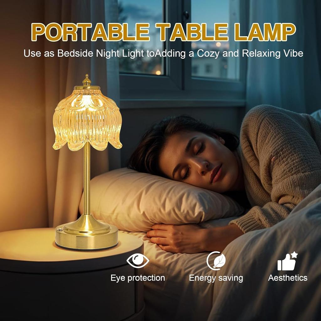 Cordless Table Lamp, Rechargeable Amber Glass Lotus Flower Lamp | 5200mAh touch lamp with 3 color modes and stepless dimming, battery operated lamp