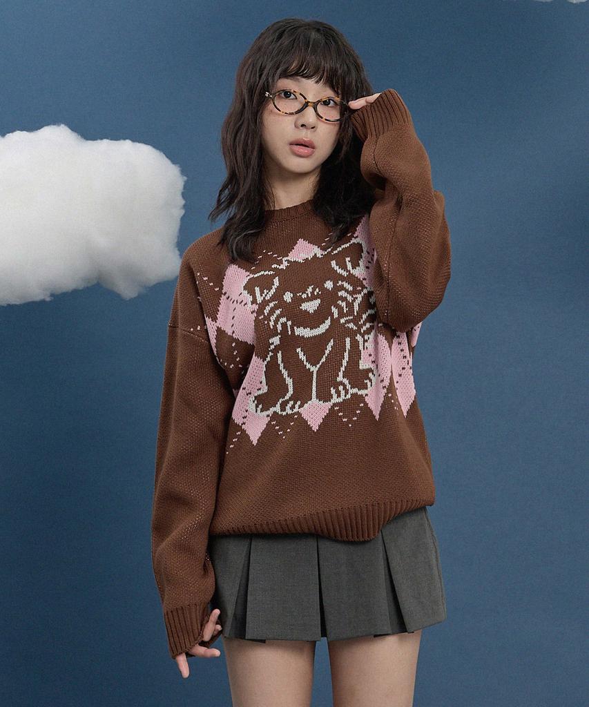 WAIKEI Drawing Puppy Argyle Knit Brown