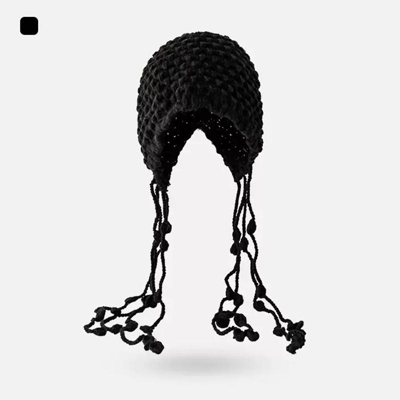 Autumn And Winter Warm Wool Hat Hand-Woven Hollow Bag Hat Women'S Ethnic Style Fringed Ear Protector Knitted Hat