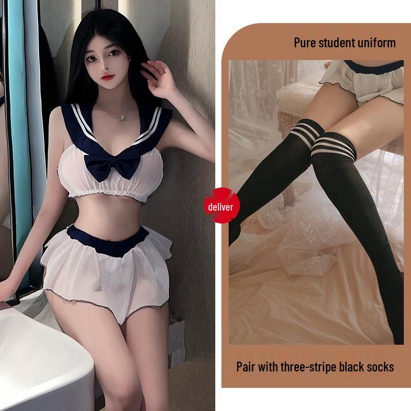 Sensual See-Through Lingerie Set: Seductive Mini Skirt & Cute School Uniform Nightwear for Women