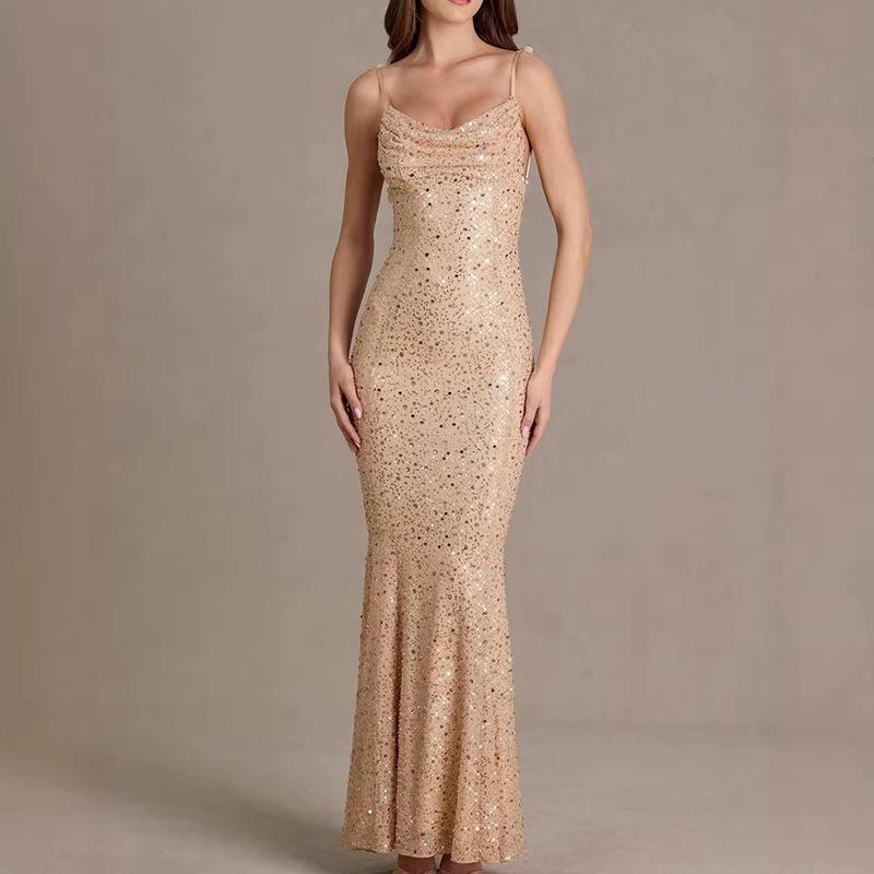 2026 European and American cross-border celebrity dress sequined bead tube suspender fishtail skirt dinner party backless slim dress