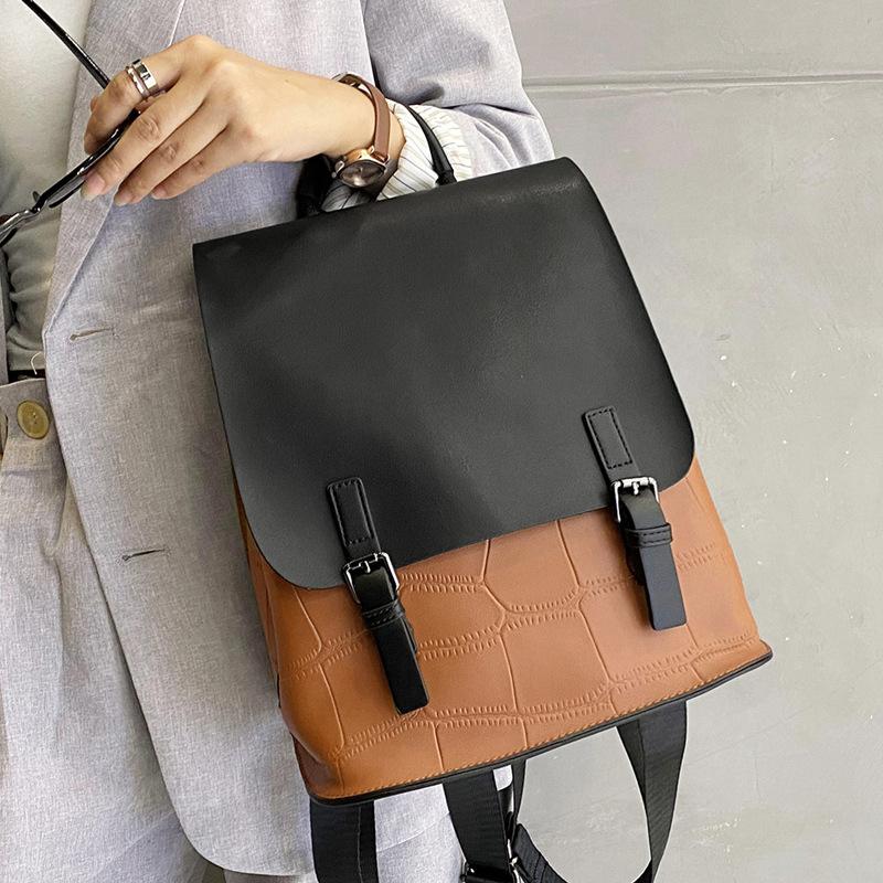 Genuine Leather Match Color Cowhide Women's Bag Simple Backpack Women's Schoolbag