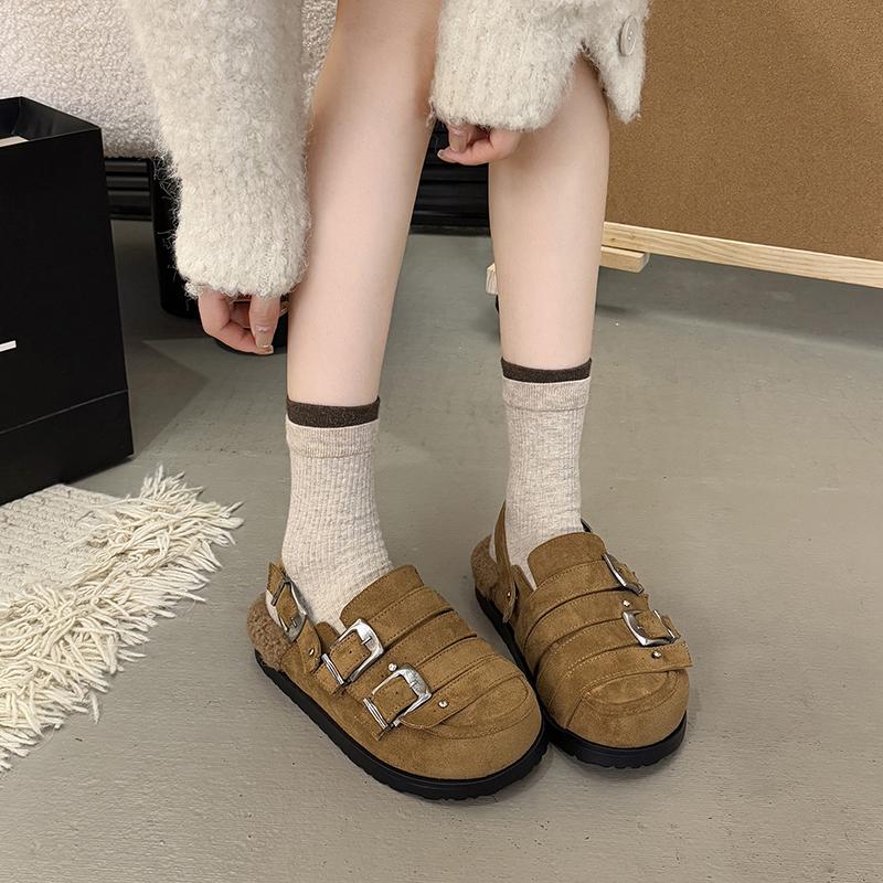 Autumn 2025 New Metal Buckle Big Head Lamb Wool Shoes Baotou Platform Slip-proof Semi-drag