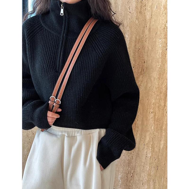 Women's Red High-Collar Zipper Knit Sweater - Short, Thick, Loose Fit for Autumn/Winter