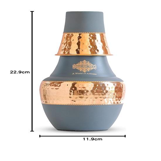 Pure Copper Bedroom Water Bottle with Inbuilt Glass, Surahi Design Grey Half Silk Half Hammered Finish Storage Drinkware, Volume 1250 Ml