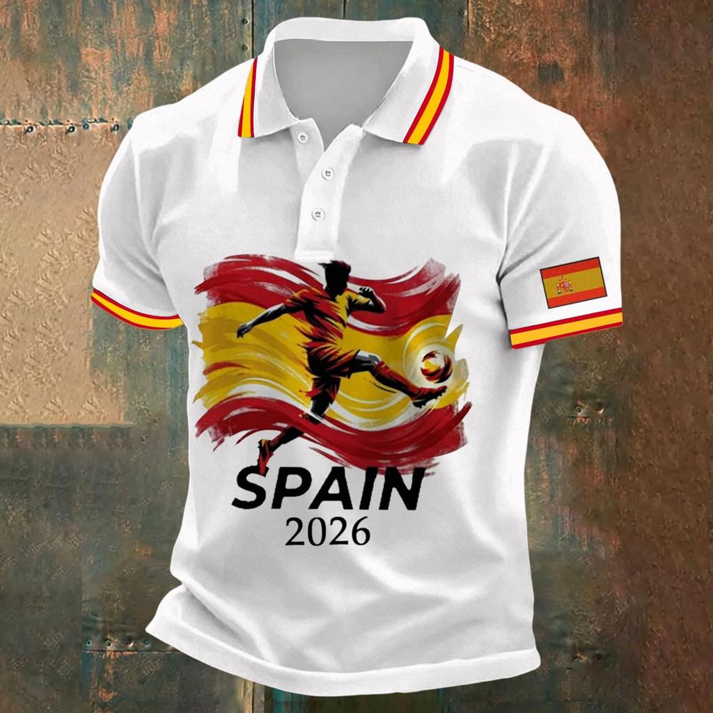 Men's Classic Polo Shirt Football Jersey Spain Inspired Design Soccer Apparel Short Sleeve Button Collar Top for Sports and Casual Wear