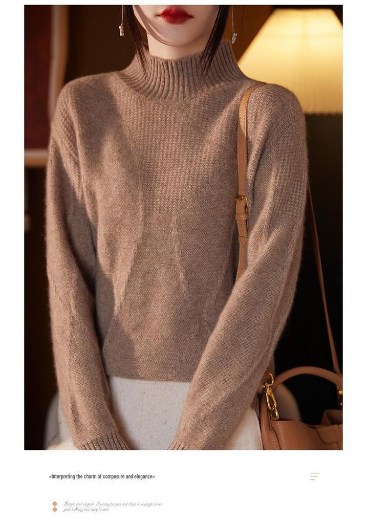 Women's Autumn/Winter Wool Pullover Sweater - Half-High Collar, Irregular Lines, Casual, Thickened Base Layer