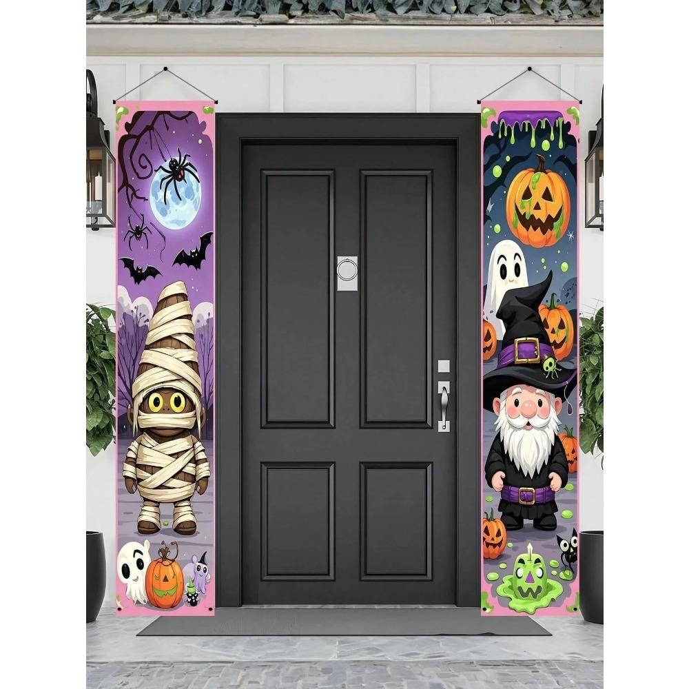 2pcs/Set Spooky Holiday Themed Porch Banner Cartoon Mummies Pumpkin Lanterns Ghosts Bats Spiders Plus Wizard Celebration Decorations