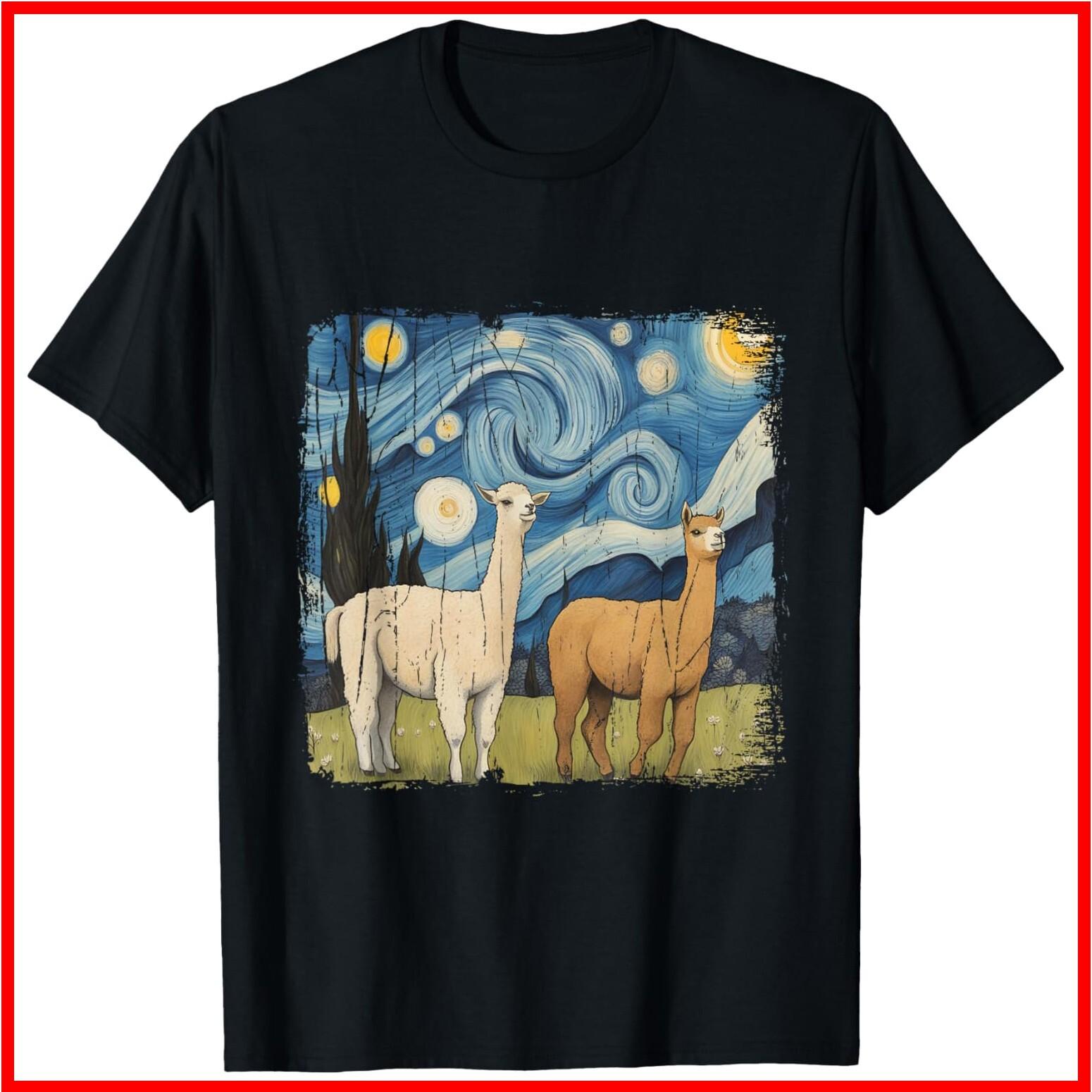 Cotopaxi Starry Night Artwork Llama National Park Souvenir Black Cotton T-Shirt XXXXL