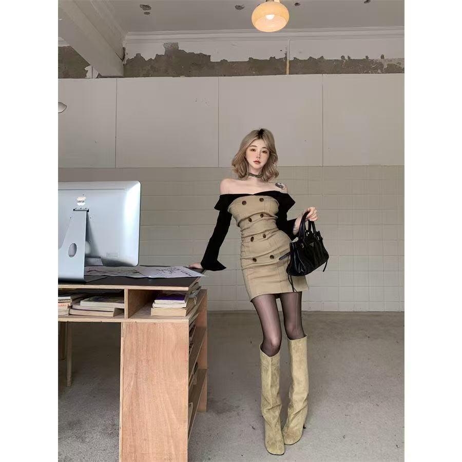 Patchwork Off-Shoulder Long-Sleeve Bodycon Dress with Waist-Cinching Design for Women - Autumn Hip-Hugging Short Skirt.