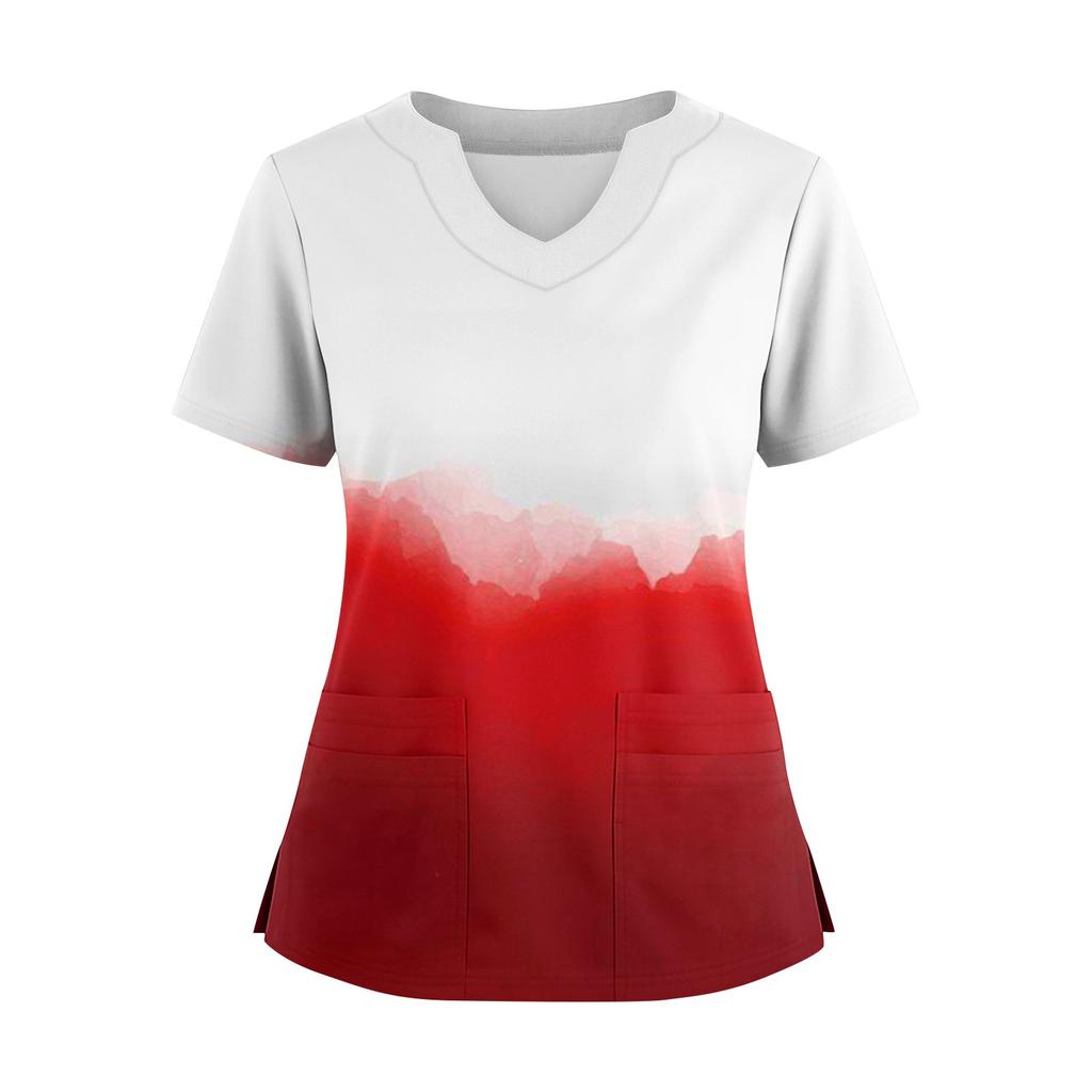 Women's Loose Short Sleeved Fashionable Stripes And Gradients Printing V-neck Buttonable Side Slit Top T-shirt