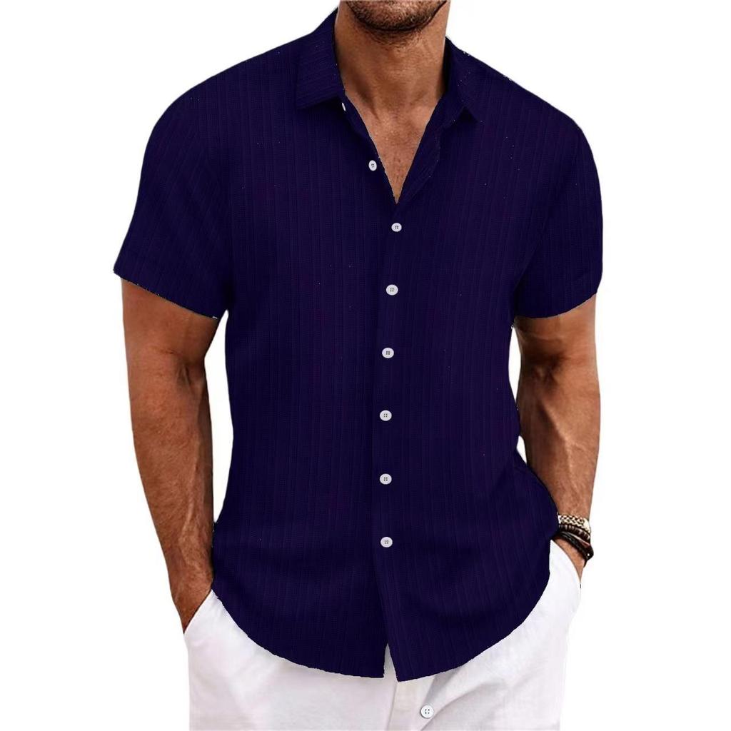 Men's Casual Striped Jacquard Cotton Linen Short-Sleeve Shirt