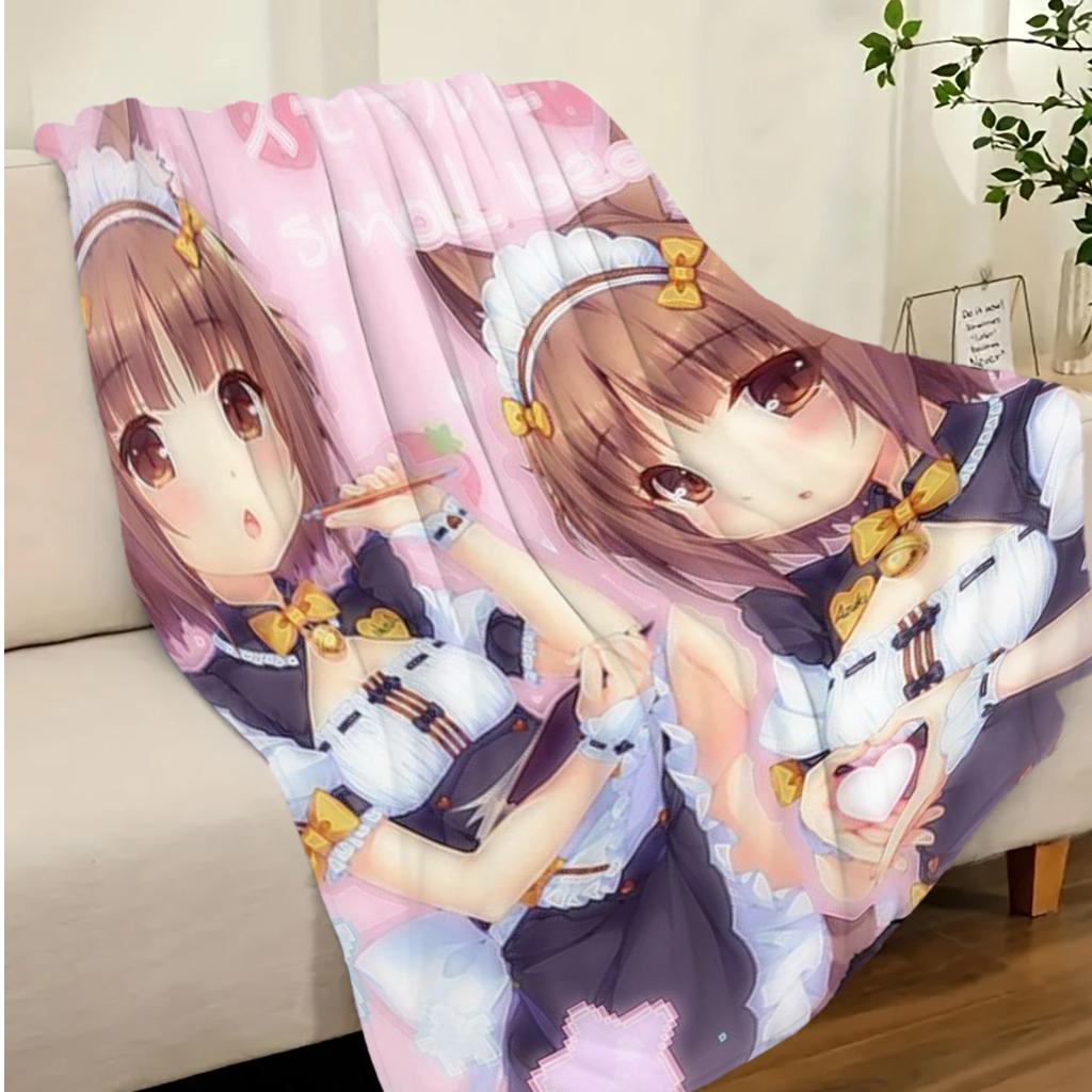 1pc Nekopara Azuki Anime Throw Blanket, Kawaii Cat Maid Girl Flannel Blanket, Soft Cozy Bedding for Bedroom, Anime Fan Gift,