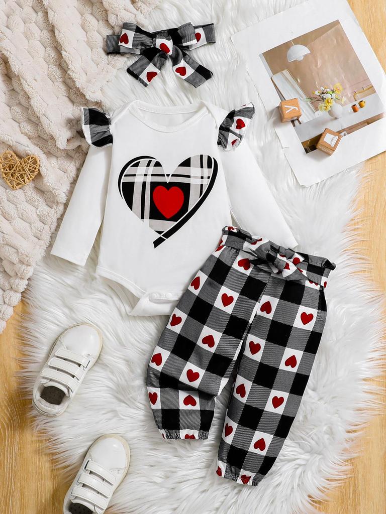 Heart Print Cap Sleeve & Plaid Long Sleeve Set for Girls