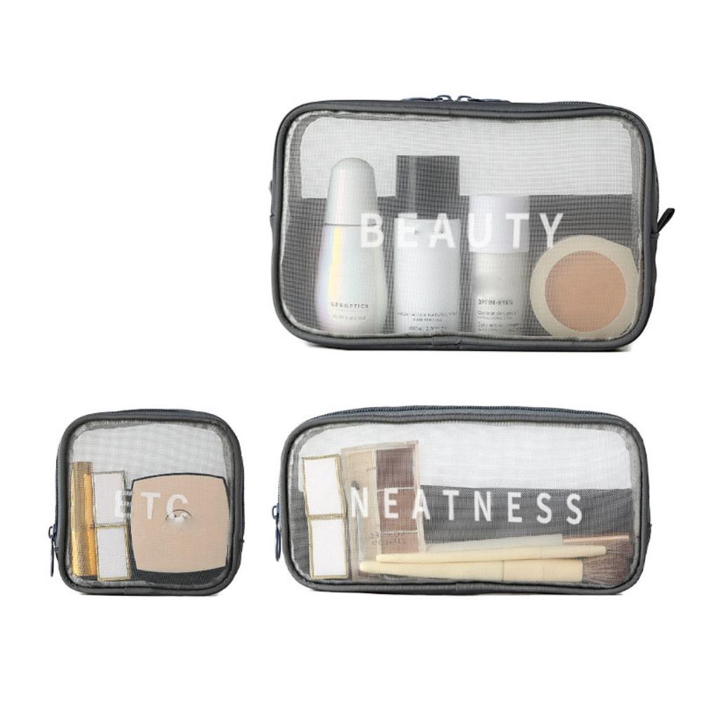 

3pcs Zipper Transparent Makeup Bag Solid Color Handheld Makeup Pouch Fashion Mesh Cosmetic Bag Lady серый