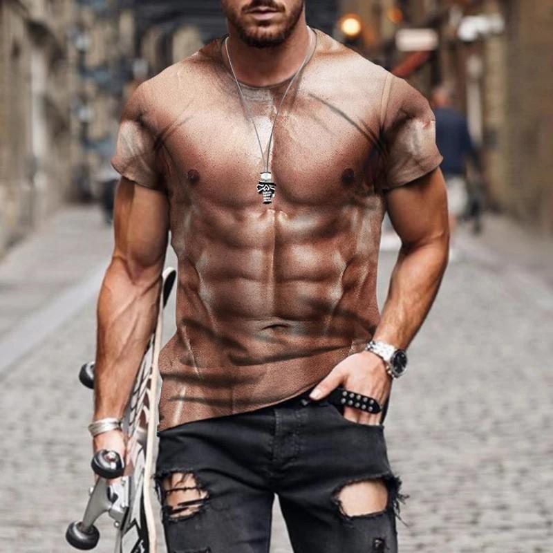 Mens 3D Printed Muscle Design T-Shirt Digital Print Short Sleeve Casual Crew Neck Breathable Loose Fit Tee