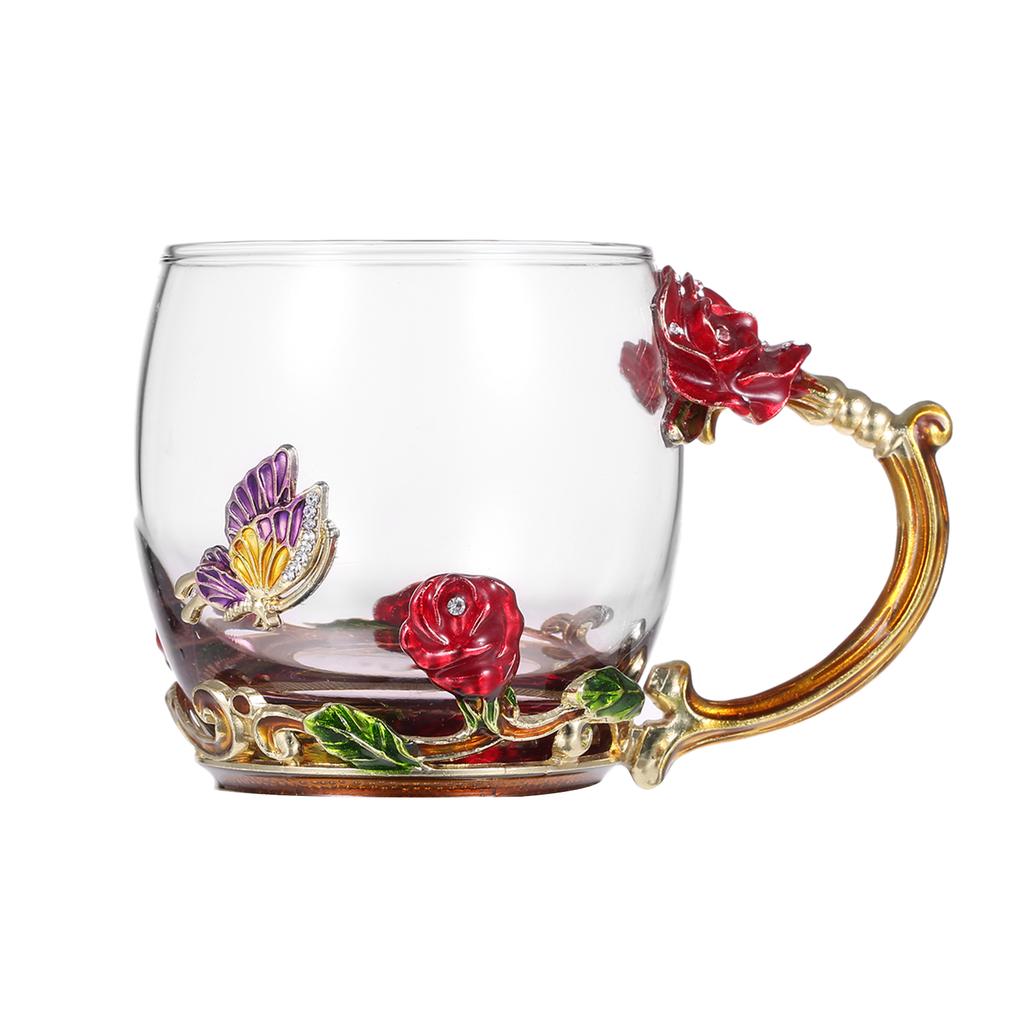 Red Rose Enamel Craft Water Cup Hrnek na pití s ​​rukojetí Designový šálek čaje a kávy