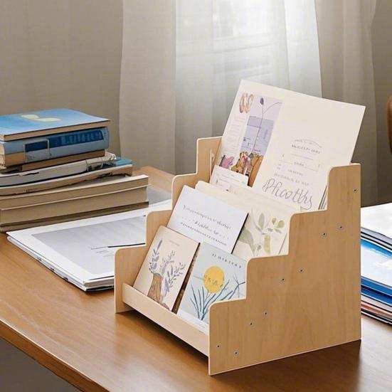 Greeting Card Display Stand High Stability Easy To Install Multipurpose 4-Tiered Wooden Organizer Rack Photos Brochure Holder