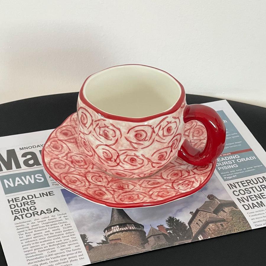 Underglaze Hand-Painted Red Rose Ceramic Coffee Cup Saucer Girl Heart Office Afternoon Tea Cup Saucer Set 350ml
