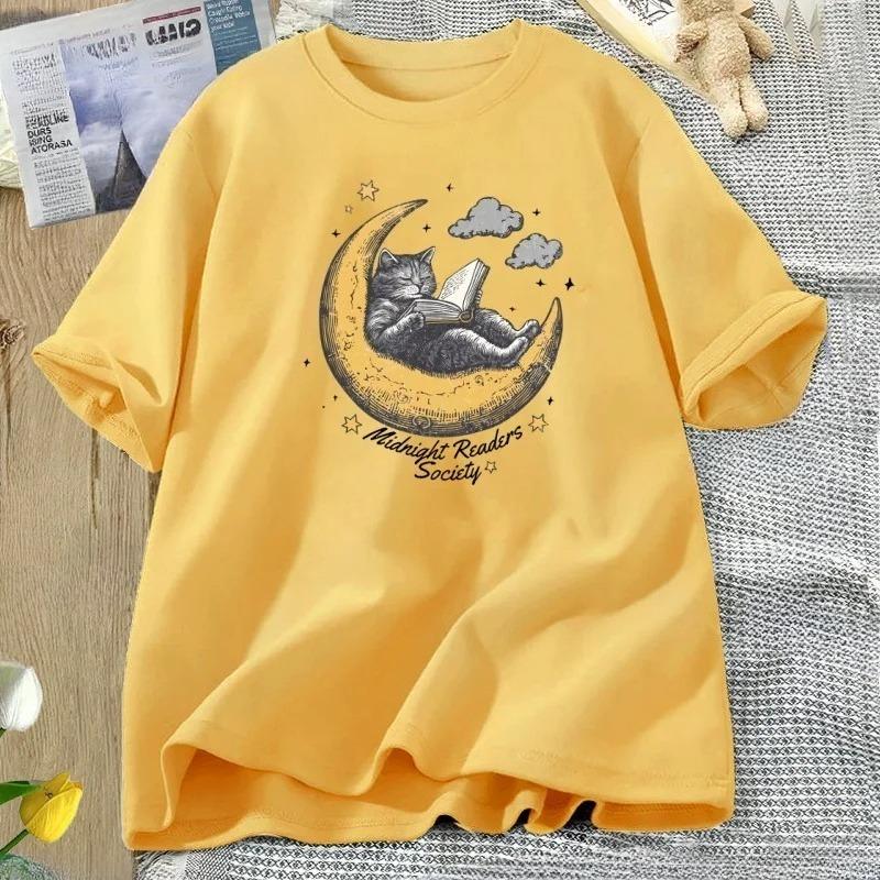 Midnight Readers Society Cat T Shirt Comfort Book Lovers Tshirt Cute Literary Tee Bookish TeeShirt Casual Short Sleeve