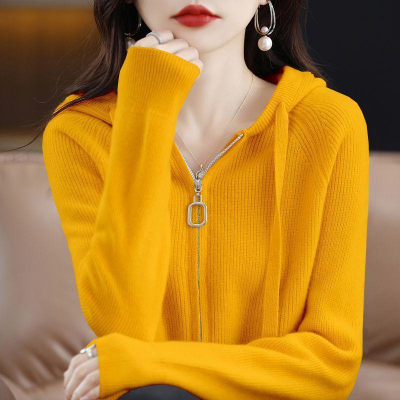 

Жіночий кардиган з капюшоном на блискавці: Осінньо-зимовий вільний трикотажний повсякденний светр S (for below 80-95 jin) жовтий