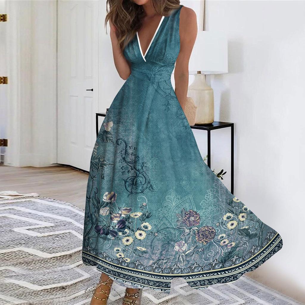 Dámská letní móda Retro květinový potisk Výstřih do V Bez rukávů Bez pasu Ležérní šaty