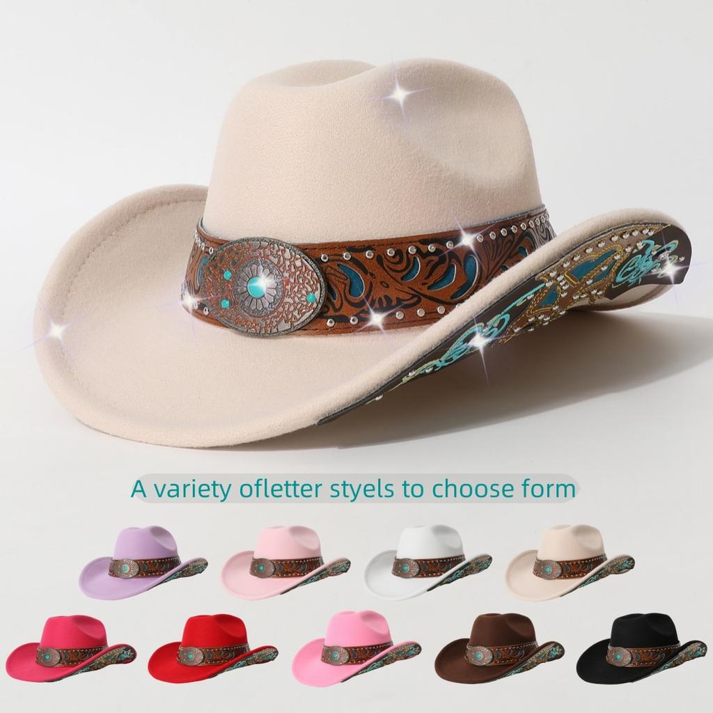 Autumn and winter men's and women's rolled-edge cowboy hat with heavy-duty belt decoration and patches