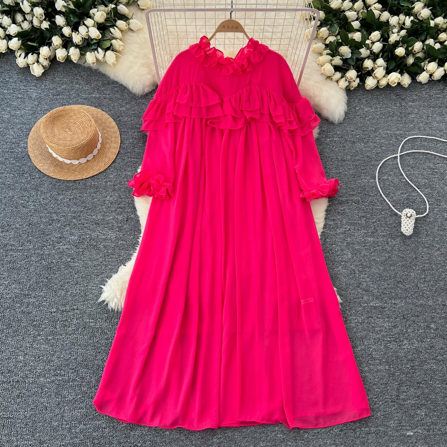 

Осенняя мода элегантное платье женское французский дизайн дерево ушка край плиссированное свободное тонкое шифоновое длинное женское платье One size розы красного