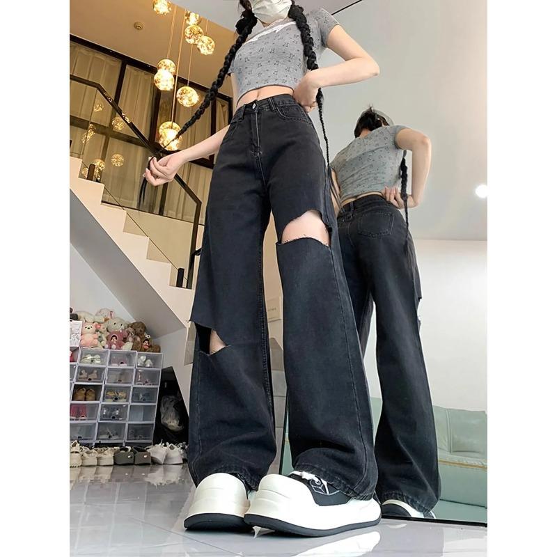 Women New Black Ripped High Waist Jeans Wide Leg Straight Loose Floor Length Thin Summer Fashion Design Denim Pants