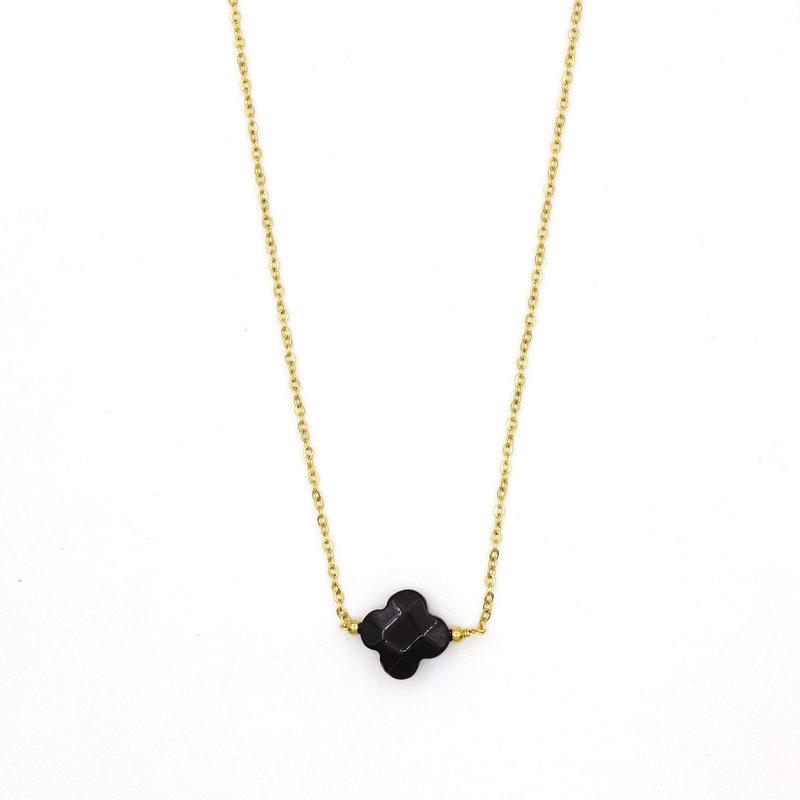 Retro European  American Four-Leaf Clover Necklace with Natural Stone Pendant