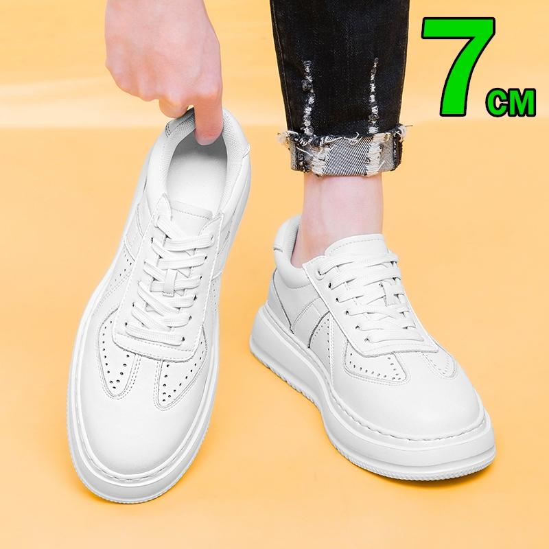 Scarpe Casual da Uomo in Vera Pelle con Rialzo Integrato 7CM Sneakers Traspiranti Comode Scarpe Sportive Rialzanti Bianche