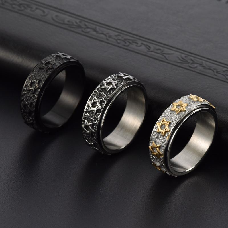 Retro Hexagram Rings Titanium Steel Rotatable Men Personalized Ring Fashion Jewelry