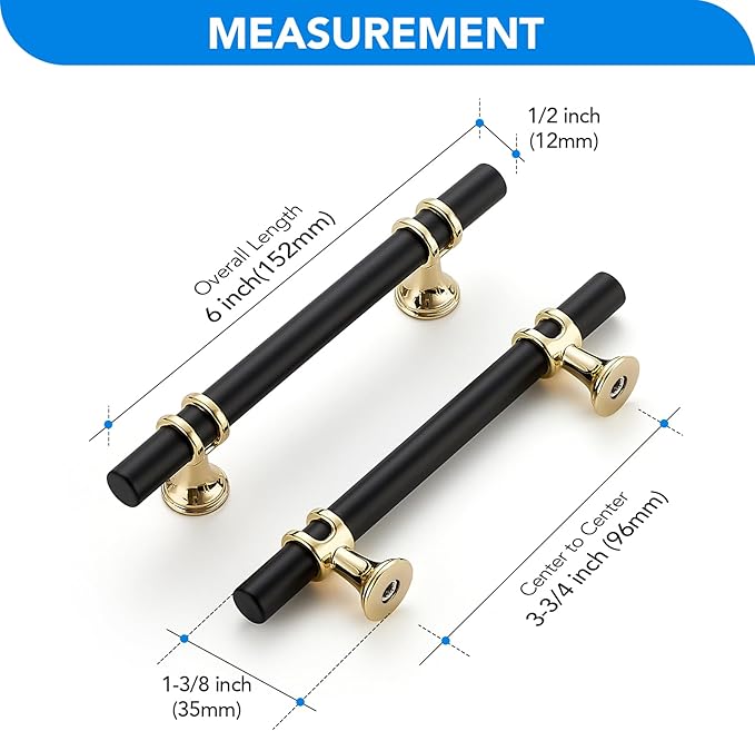 6pack Matte Black Brushed Brass T Bar Cabinet Pulls,Modern Drawer Handles Decorative Hardware for Cabinets Dressers