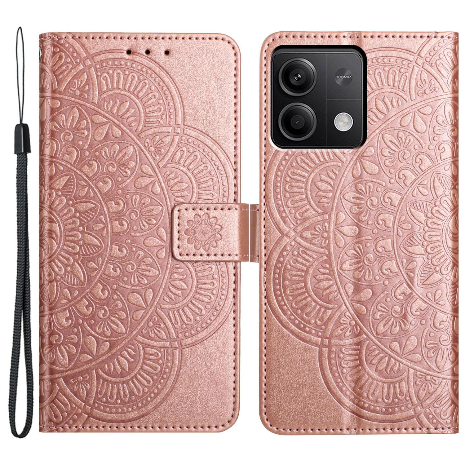

For Xiaomi Redmi Note 13 4G Case Magnetic Closure Flower Pattern Handbag Phone Cover Rose Gold
