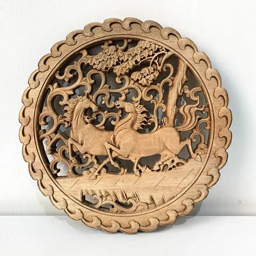 Diameter 27cm/10.8" Chinese style camphor wood carving circular decoration living room entrance background wall pendant
