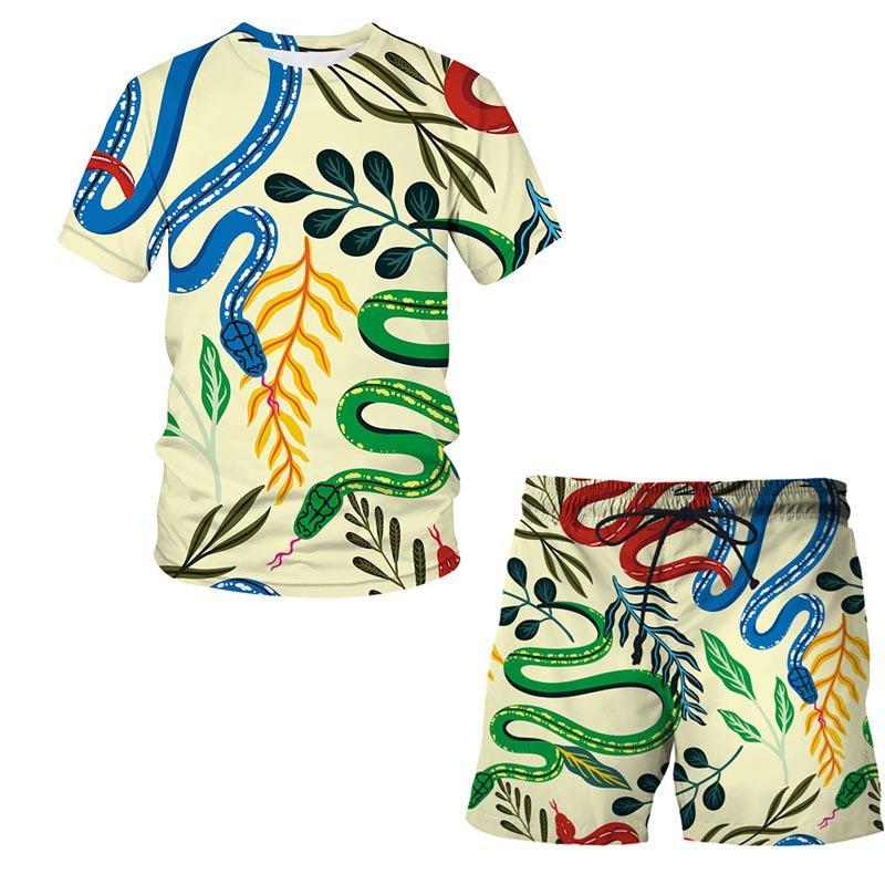 European and American Amazon Summer New Colorful Patterned 3D Print T-shirt Men's Casual Short Sleeve Shorts Short Sleeve Set