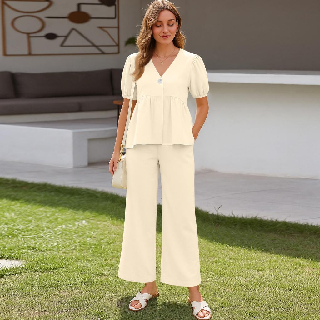 Women's 2 Piece Outfits Sets Ruched Short Sleeve Tops  Wide Leg Pants Tracksuit Sets