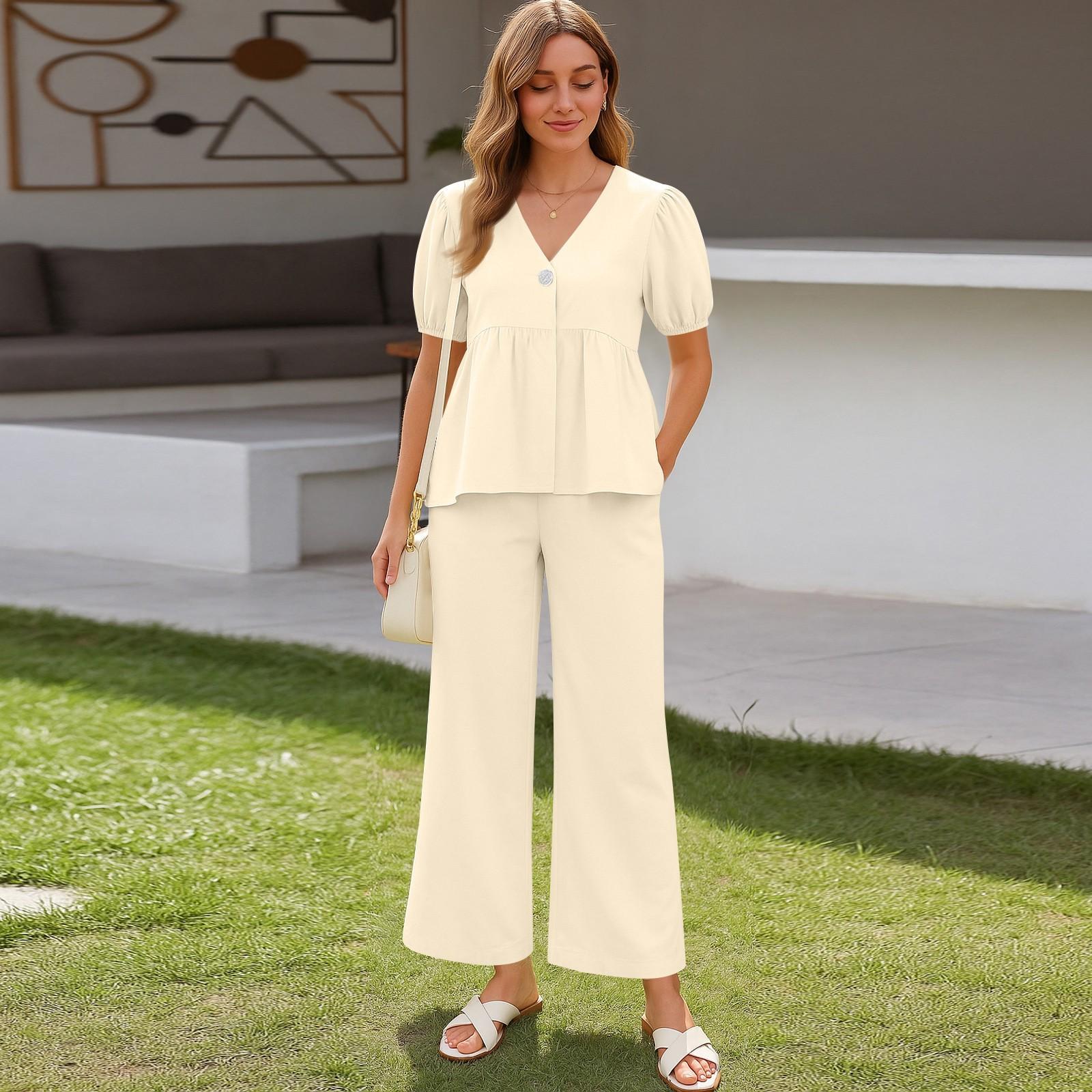 

Женские комплекты из 2 предметов, топы с короткими рукавами и широкими штанами, спортивные костюмы L бежевый